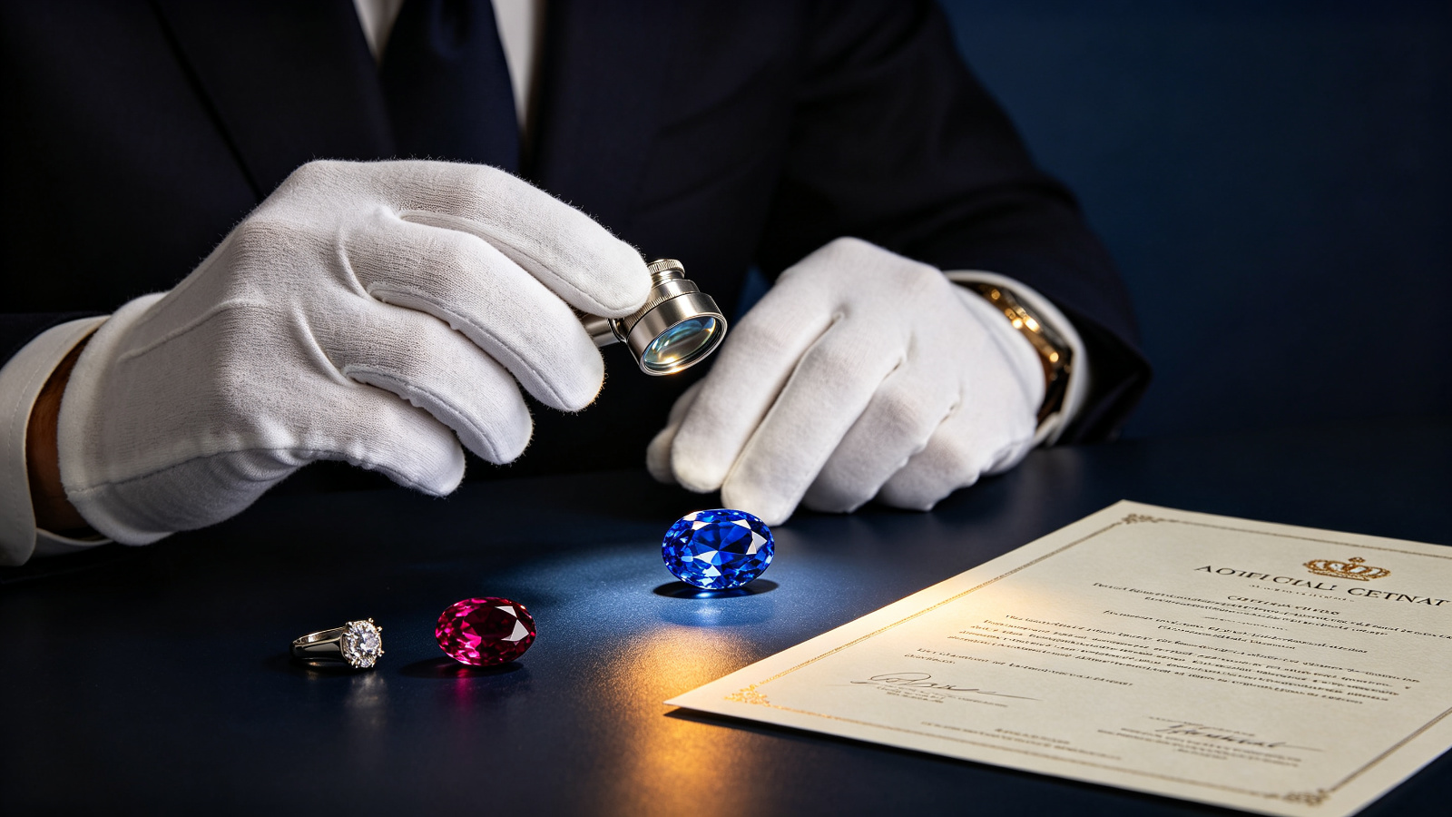 Gemologist inspecting a sapphire under magnification